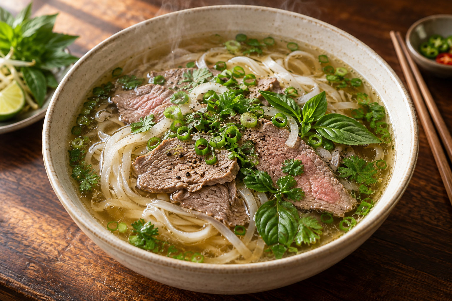 A bowl of phở with beef, herbs and noodles