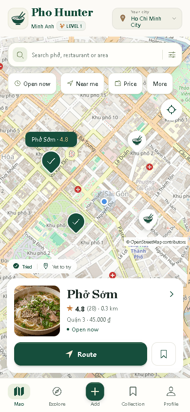 Pho Hunter map with a selected restaurant
